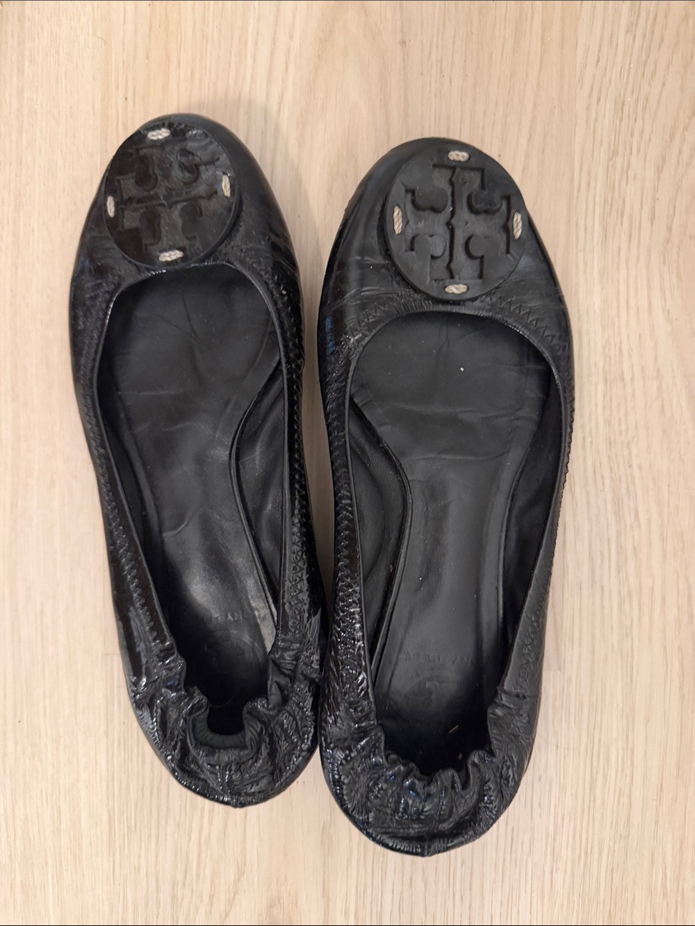 Tory Burch Black Leather Logo Ballet Flats
